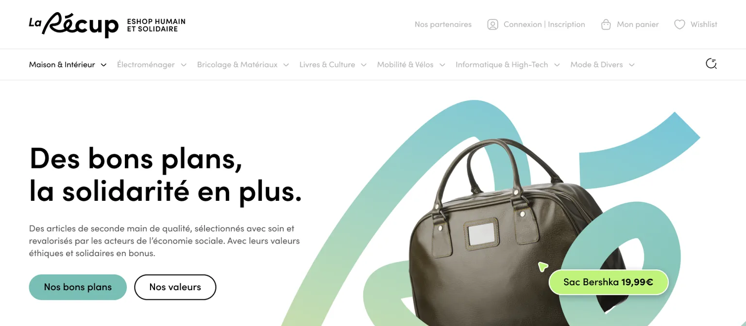 The La Récup home page: second-hand bargains with solidarity on top