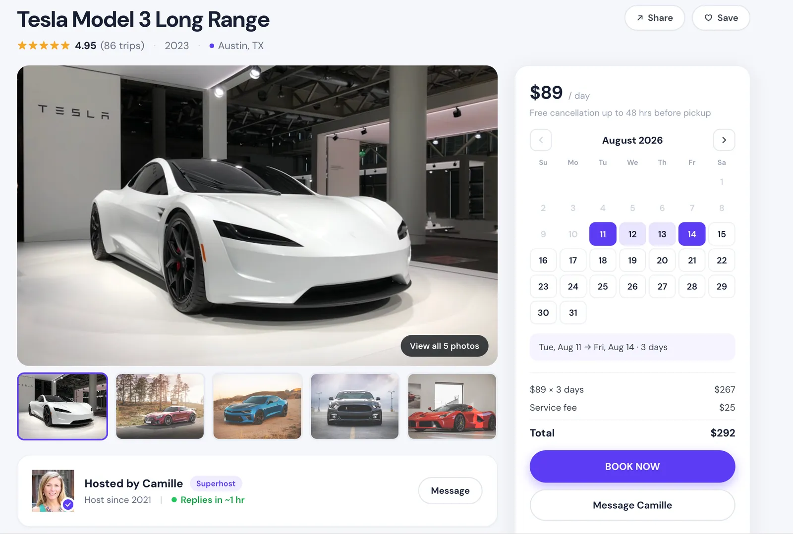 A real rental listing — photos, dates and pricing, generated from your setup.